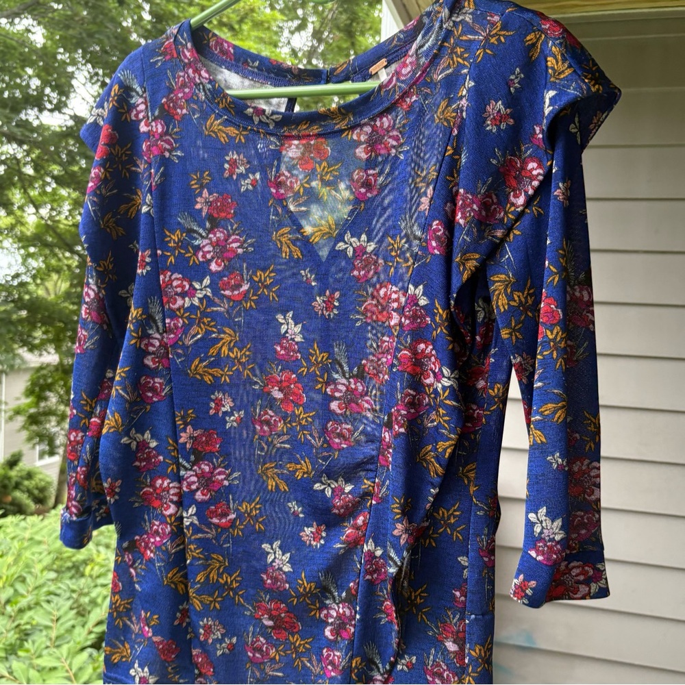 Free People Red and Blue Ruched 3/4 Sleeve Blouse